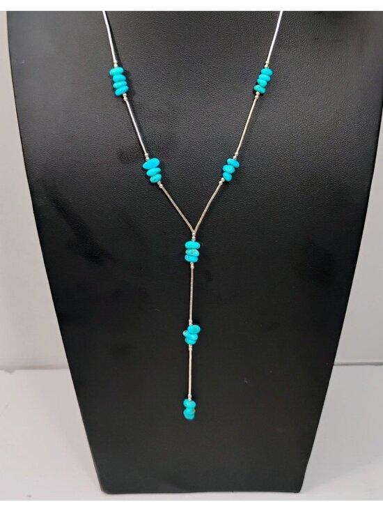 Handmade Jewelry - Liquid Sterling Silver & Kingman Turquoise Bead Lariat Necklace